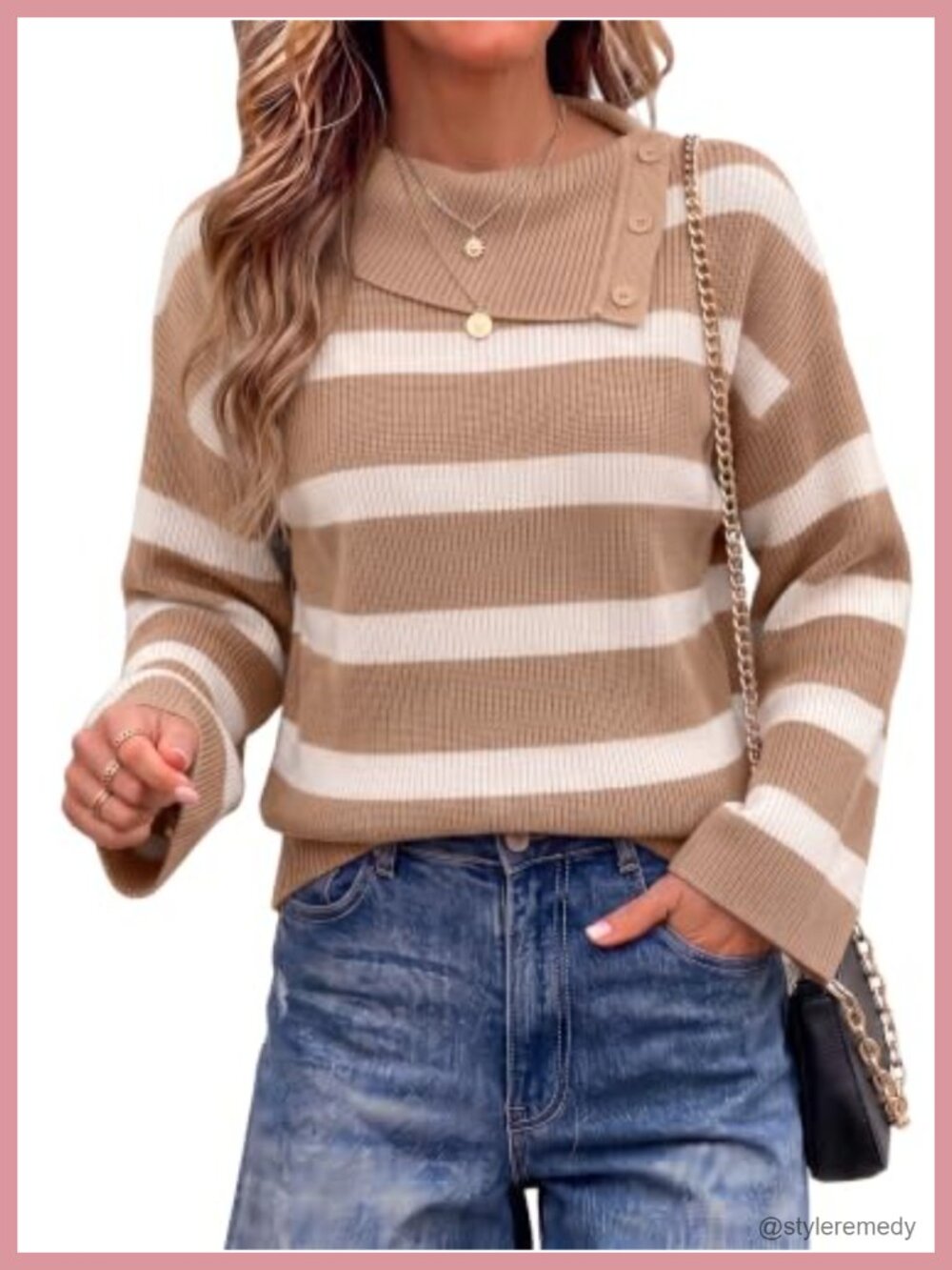 Striped Knit Pullover Sweater Bell Sleeves Button Collar Casual